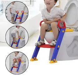 Toddler Toilet Training Ladder with colorful design on white background Child using toddler toilet training ladder on a standard toilet